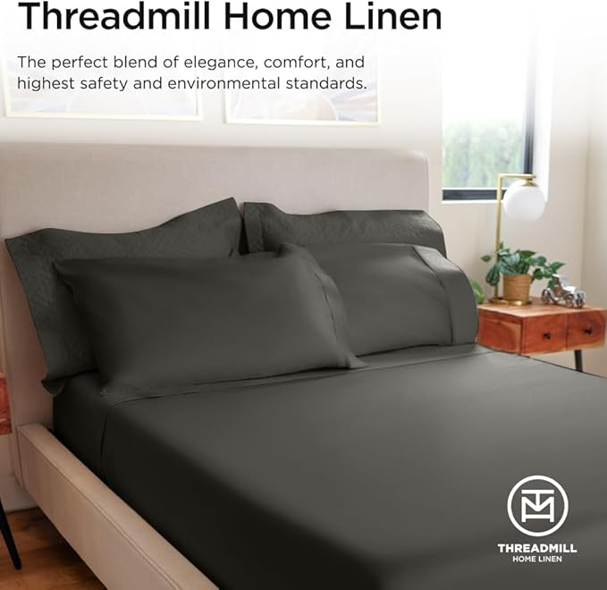 Threadmill Luxury 800 Thread Count 100% Cotton Sheets - Dark Grey Sateen Weave Twin Size Bed-Sheets, Better Than Egyptian Cotton,3 Pc Solid Soft Bedding Set, Fits 15" Deep Pocket
