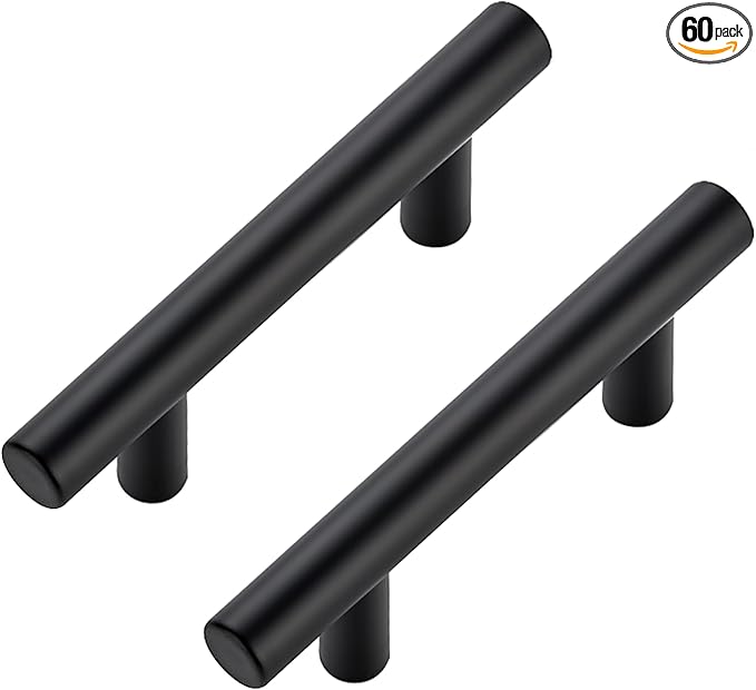 JOY DECOR 60 Pack Cabinet Handles, Black Cabinet Pulls, 2-1/2 in Hole Center Kitchen Hardware, Stainless Steel T Bar Handles for Dresser Drawers