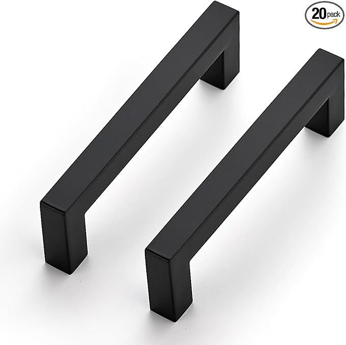JOY DECOR 20 Pack Cabinet Handles, Black Cabinet Pulls, 3-3/4 Inch Kitchen Closet Handles Square Drawer Pulls Stainless Steel Drawer Hardware, 96mm Hole Centers