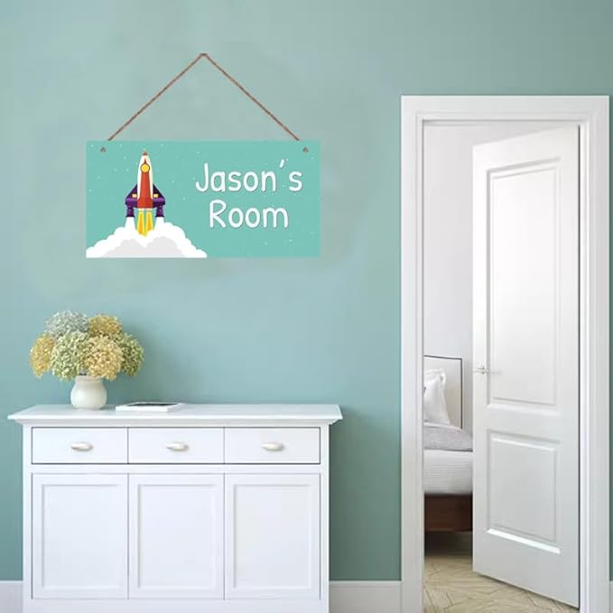 Personalized Rocket Sign For Boys Bedroom Aerospace Themed For Kids Room Door Decor,Custom Name Blue Sky Wall Decor Decorative Plate for Nursery Girls Room