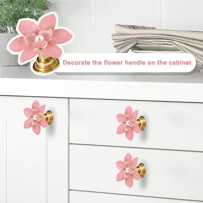 4 Pcs Petal Cabinet Knobs，Zinc Alloy Flower Shape Single Hole Knob with Screws for Dresser Handles Cabinet Wardrobe Door Handle Decorative Furniture (Pink Flower Pearl)