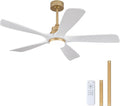 BOJUE 52 Inch Ceiling Fans with Lights and Remote Control, White Gold Ceiling Fan with Light for Bedroom, Noiseless DC Motor, Dimmable Led 5 Solid Wood Blades