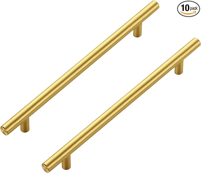 JOY DECOR 10 Pack Cabinet Handles, Gold Cabinet Pulls, 7-1/2 in Hole Center Kitchen Cabinet Handles, Stainless Steel T Bar Handles for Dresser Drawers