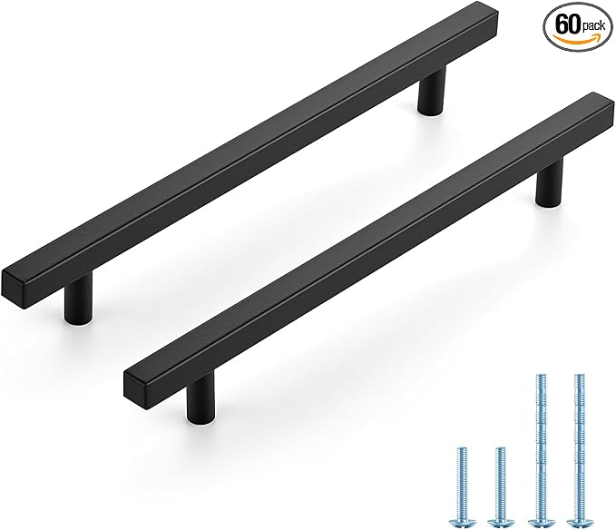 JOY DECOR 60 Pack 7-1/2 Inch Matte Black Square Cabinet Handles Stainless Steel Cabinet Hardware Pulls for Kitchen and Drawers with 10 Inch Overall Length