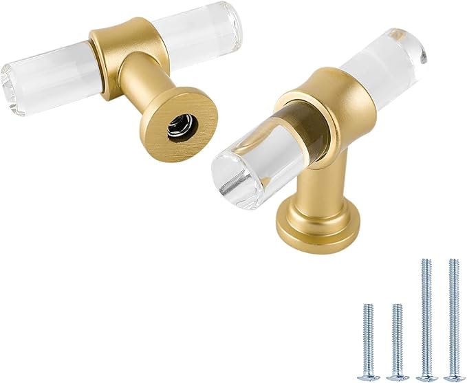 LONTAN 12 Pack Acrylic Kitchen Cabinet Knobs Gold Drawer Knobs Modern T Bar Clear Cabinet Door Handles White Kitchen Hardware for Dresser Bathroom,Zinc Alloy Base