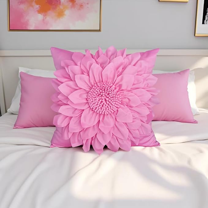 Hot Pink Accent 3D Flower Decorative Throw Pillow Covers - Image 3