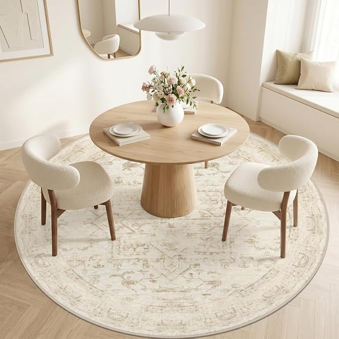 Round Area Rug Living Room: 8ft Washable Carpet Beige/Brown | Vintage Boho - Image 2