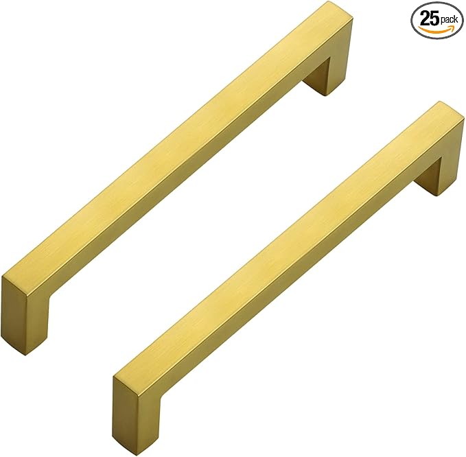 Ravinte 25 Pack 6-1/4 Inch Square Cabinet Handles - Brushed Brass Pulls, Stainless Steel Drawer Pulls, Kitchen Cabinet Hardware