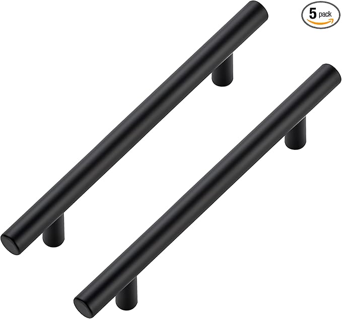 JOY DECOR 5 Pack Cabinet Handles, Black Cabinet Pulls, 5 in Hole Center Kitchen Hardware, Stainless Steel T Bar Handles for Dresser Drawers