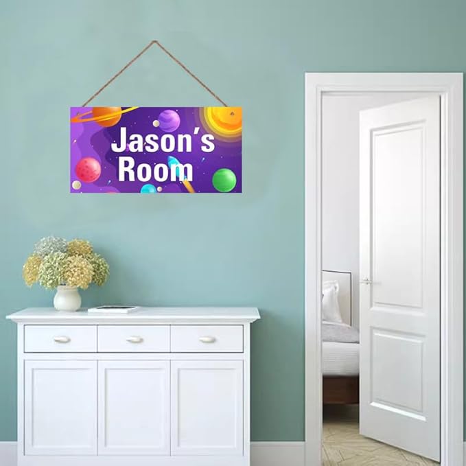 Personalized Sign, Galaxy Signs,Custom Name Wall Door Sign, Baby Nursery Art For Kids Room Outer Space Theme Decor Rocket Stickers For Boys Room Girls Bedroom Little Man Cave