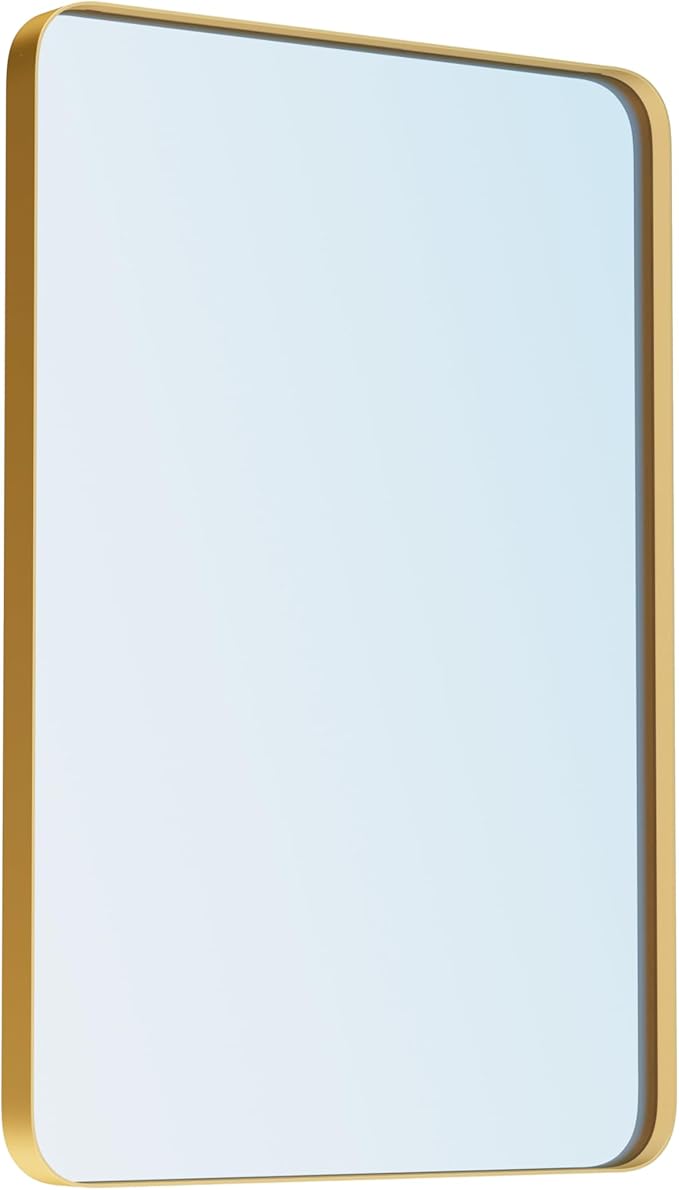 VocalStar 18 x 26 Inch Gold Bathroom Mirror for Wall, Metal Framed Rounded Rectangle Vanity Mirror, 1/4-inch Shatterproof Glass | Ultra-Flush Hanging