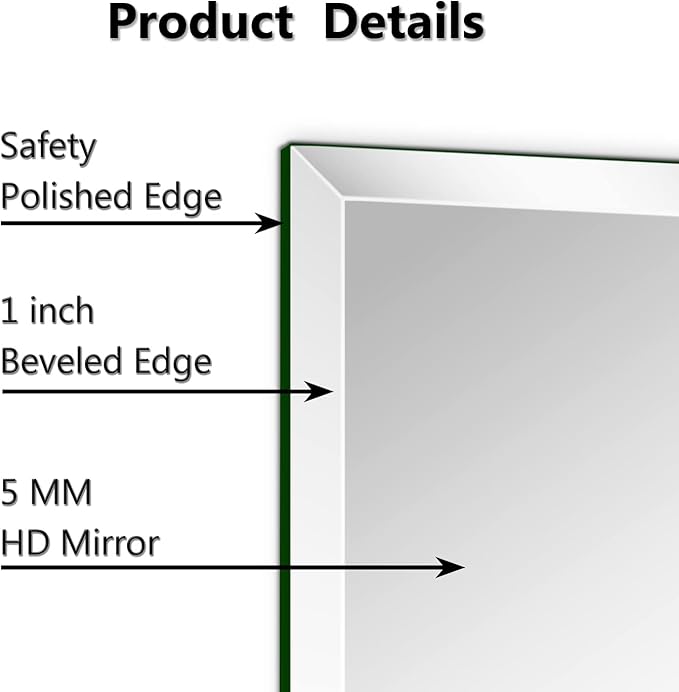 24"x36" Frameless Rectangle Wall Mirror with 1 inch Beveled Edge for Bathroom Vanity