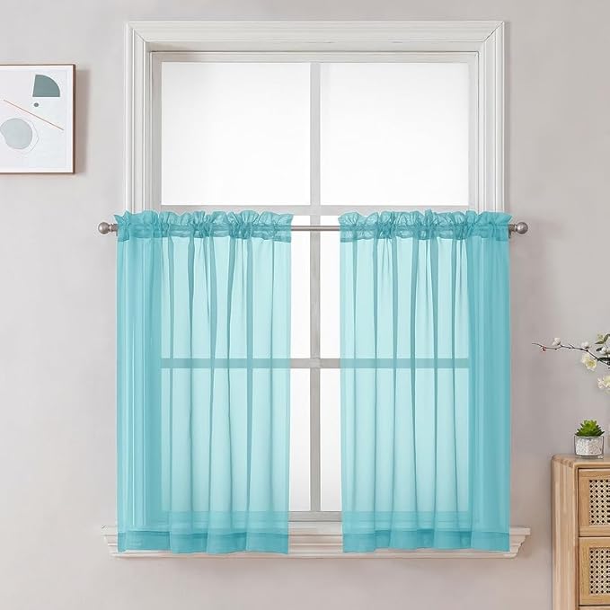 Aqua Sheer Curtains 36 inch Length 2 Panels Set, Light Filtering Voile Rod by OVZME