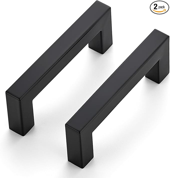 JOY DECOR Cabinet Handles, Black Cabinet Pulls, 2 Pack Kitchen Closet Handles 3 Inch, Square Drawer Pulls Stainless Steel Drawer Hardware, 76mm Hole Centers