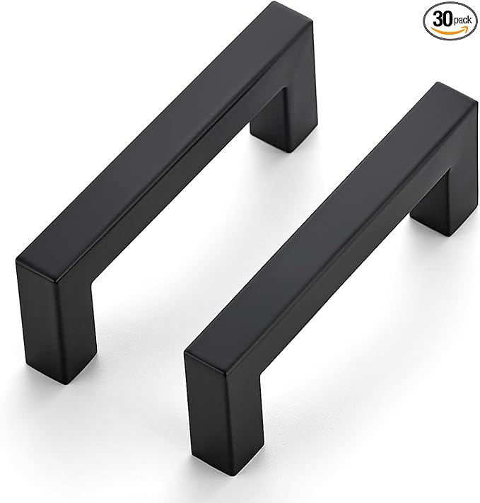 JOY DECOR 30 Pack Cabinet Handles, Black Cabinet Pulls, 3 Inch Kitchen Closet Handles Square Drawer Pulls Stainless Steel Drawer Hardware, 76mm Hole Centers