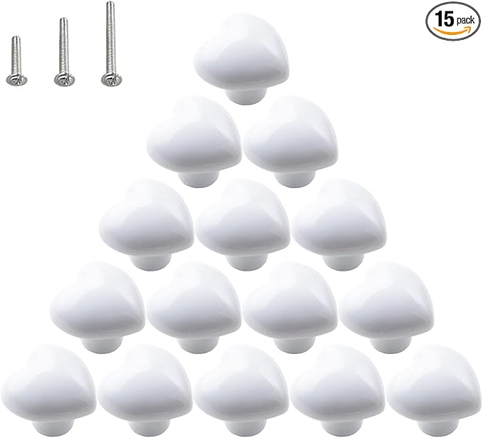 HUAMULAN 15PCS Glossy Ceramic Knobs Heart Shape Cabinet Dresser Pulls Door Handles Cupboard Wardrobe Drawer,White
