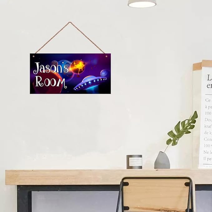 Personalized Signs Star Wall Hanging Sign, Motivational Hanging Plaque Sign Outer Space Room Wall Art, Alien Ship Nursery Decor for Boys Room Kids Playroom Classroom Decor