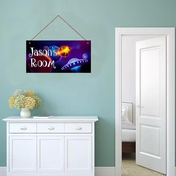 Personalized Signs Star Wall Hanging Sign, Motivational Hanging Plaque Sign Outer Space Room Wall Art, Alien Ship Nursery Decor for Boys Room Kids Playroom Classroom Decor