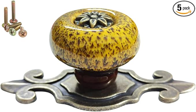 5 Pack Retro Ceramic Knobs,Vintage Dresser Kitchen Petal Cabinet Pulls Rustic Zinc Alloy Base Back Plate Kid Cupboard Wardrobe Drawer Door Handles (Leopard Print Yellow)