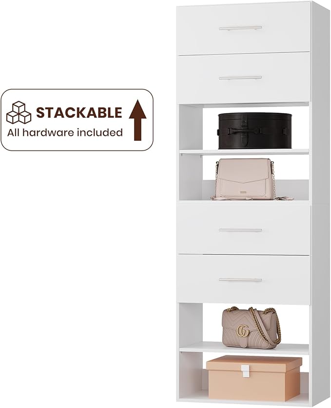 ROOMTEC 31.5" 2 Drawer Short Tower Closet Unit, Modular Closet System with Drawers and Shelf, Wardrobe Organizer for Bedroom or Walk-in Closet, Wall Mounted, Customizable Clothes Storage Unit, White