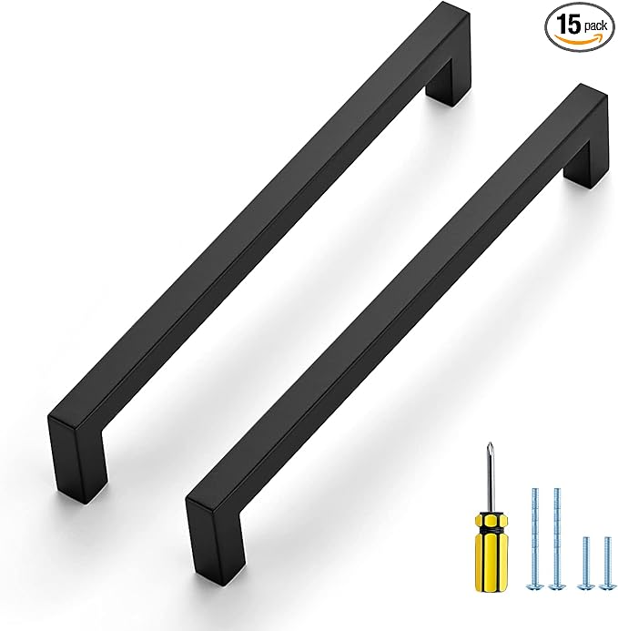 Ravinte 15 Pack Black Cabinet Pulls 8 Inch Square Kitchen Cabinet Handles Matte Black Kitchen Hardware for Drawer Pulls Drawer Handles Come with Screwdriver