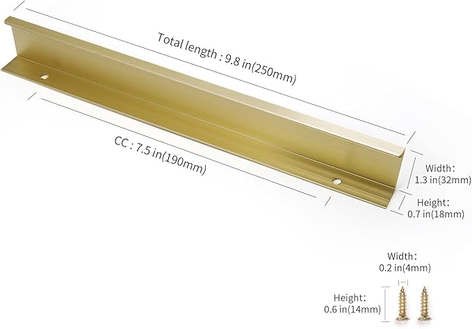 3 Pack 10" (250mm) Overall Length Overall Length Edge Finger Pull, Brushed Brass Aluminium Hidden Furniture Wardrobe Cabinet Drawer Pull Long Concealed Furniture Closet Door Handle, 3699S