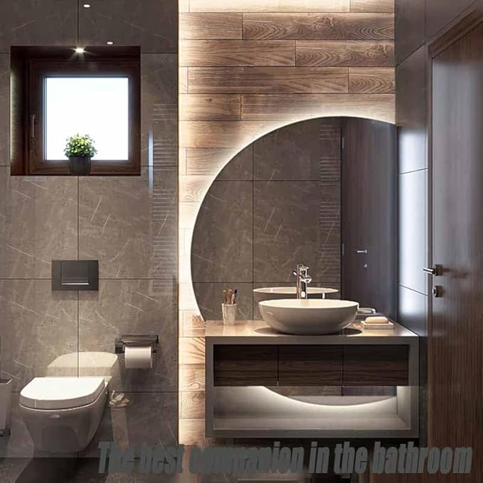 Half Moon LED Bathroom Mirror, Frameless Backlit Wall Mirror, Anti-Fog Smart Vanity Mirror,3 Colors Lights Dimmable Brightness and Time,Touch Switch(Left Semicircle, 110 * 77)