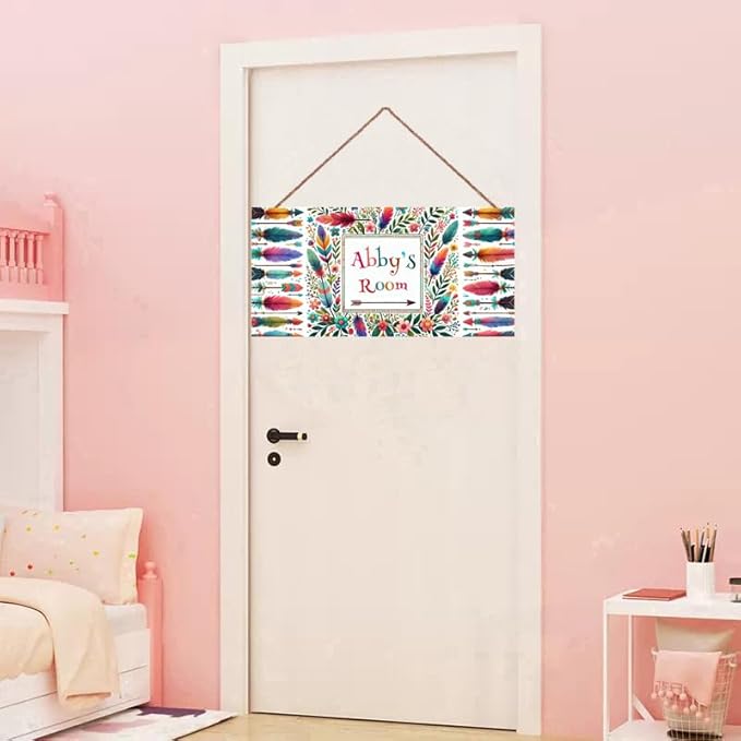 Personalized Name Sign Colorful Feather Decor For Girls Room and Baby Nursery Kids Bedroom Flowers Wood Plaque Hanging Wall Art Decor