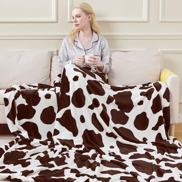 Flannel Cow Print Blanket Twin Size - Premium Lightweight Anti-Static Super Soft Cow Blankets for Twin/Twin XL Extra Long Bed,Winter Warm Cow Print Throw Blanket 66" x 90"(Brown Cow)