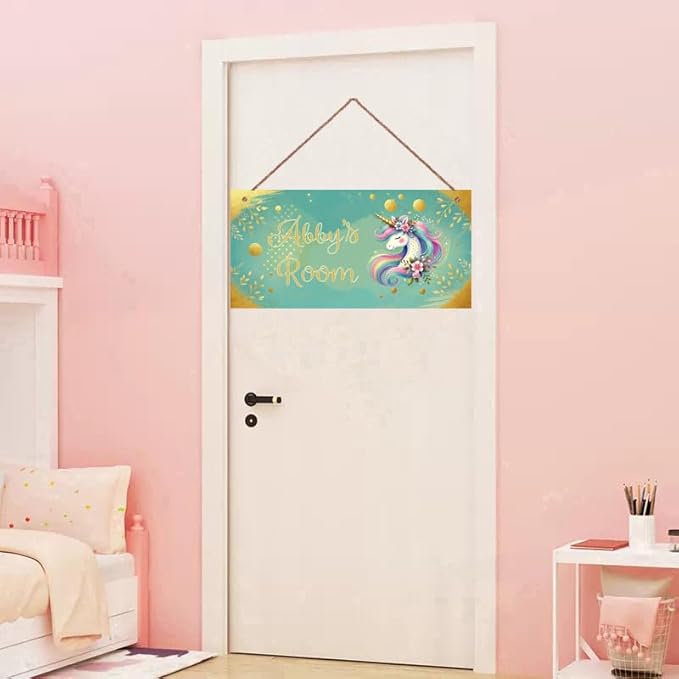 Personalized Magic Rainbow Unicorn Door Sign Girls Bedroom Kids Nursery Wall Decor Custom Name Art Wooden Plaque For Home Kitchen Garden Yard Wall Front Door Decor