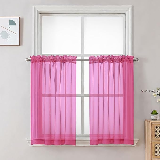 Hot Pink Sheer Curtains 36 inch Length 2 Panels Set, Light Filtering Voile Rod by OVZME