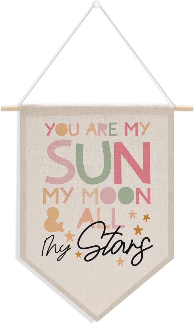 Nursery Decor Bedroom Wall Art Decor Motivational Bedroom Playroom Wall Art Decorations, My Sun My Moon and All of My Stars,Canvas Hanging Flag Banner Decor Gift for Girl Boy Room Playroom Front Door