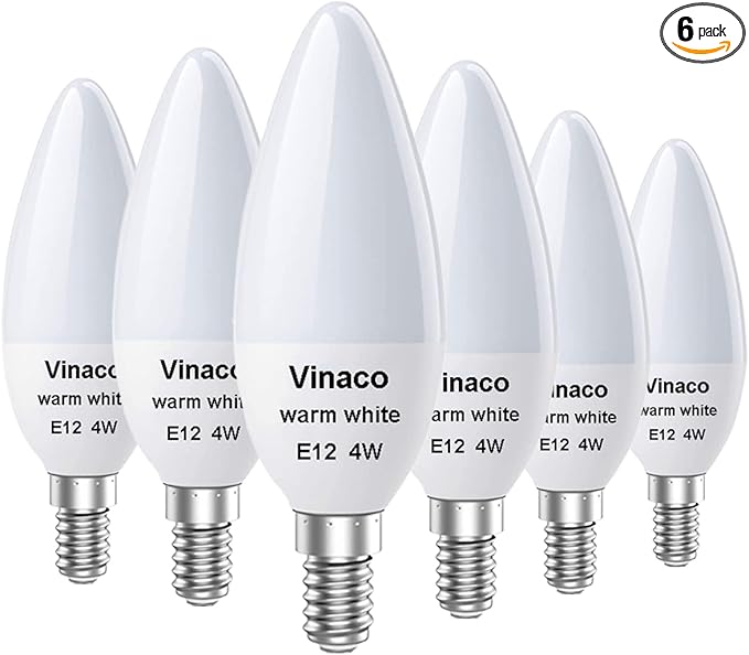 Vinaco E12 LED Bulb, 6 Pack E12 Candelabra Bulb 4 Watt Warm White 3000K, High Brightness 400LM & 25000+ Long Lifespan Bulb, E12 Candelabra Base Light Bulb for Ceiling Fan Light Bulb