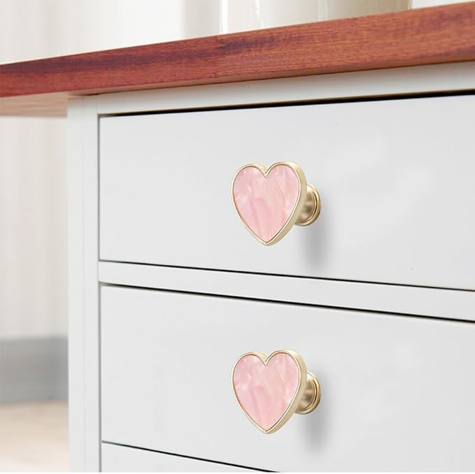 6 Pcs Brass Knobs Drawer Pulls Handles Heart-Shaped Gold Cabinet knobs, Suitable for Bathroom Drawer Kitchen Door Pulls Handles Heart-Shaped Handles (Pink)