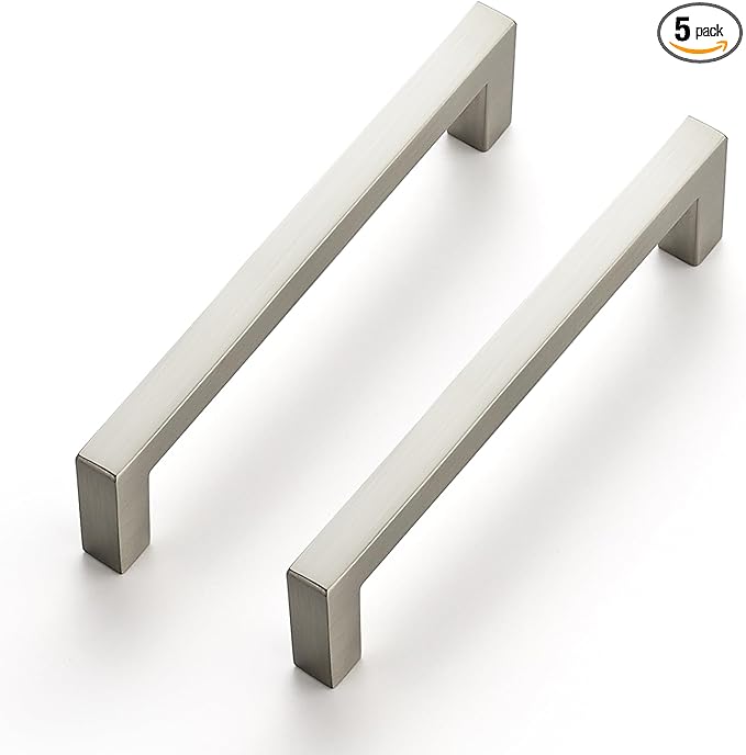 Ravinte 5 Pack Solid 4 Inch Center to Center Slim Square Bar Drawer Handles - Kitchen Cabinet Hardware Brushed Nickel Pulls - Handles for Cabinets and Drawers