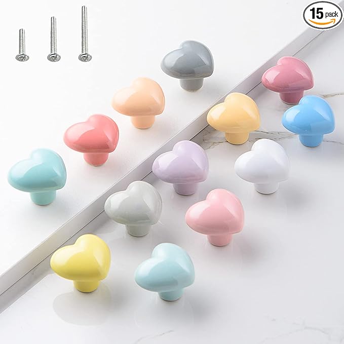HUAMULAN 15PCS Glossy Ceramic Knobs Heart Shape Cabinet Dresser Pulls Door Handles Cupboard Wardrobe Drawer,3 Size Mounting Screws, Assorted Color