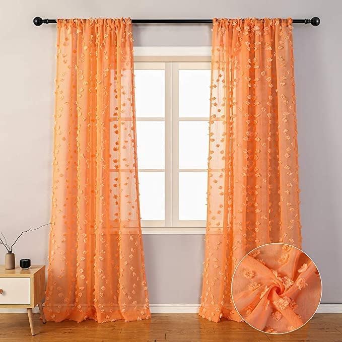 MYSKY HOME Pom Pom Orange Sheer Curtains for Living Room Bedroom Light Filtering Semi-Sheer Curtains for Nursery Girls Kids Room Boho Rod Pocket Voile Draperies Orange 52 x 108 inch 2 Panels