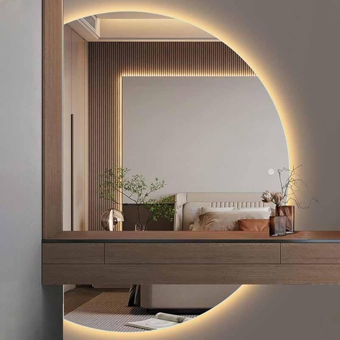 47" Half Moon LED Bathroom Mirror - Anti-Fog Dimmable Backlit with 3-Color Lights, Smart Touch Switch and Time Display, Frameless Vanity Wall Mirror for Bedroom/Entryway (Right Semicircle)