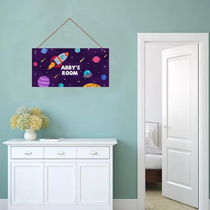 Personalized Sign Universe Rocket Sign Outer Space theme Art Décor For Kids Room Custom Name Door Wall Decor, Floral Nursery Art Girls Room Boys Bedroom