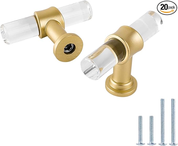 LONTAN 20 Pack Acrylic Kitchen Cabinet Knobs Gold Drawer Knobs Modern T Bar Clear Cabinet Door Handles White Kitchen Hardware for Dresser Bathroom,Zinc Alloy Base