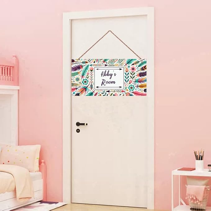 Personalized Vintage Flowers Art Décor For Kids Room Custom Name Door Wall Decor, Feather Floral Nursery Art Plate For Girls Bedroom Home Club Cabin Garage Store Bar