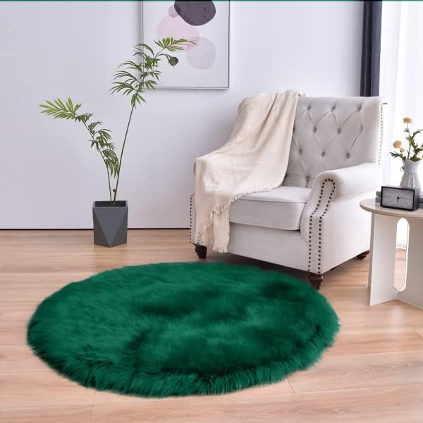 Emerald Green Faux Fur Sheepskin Round Rug 4x4 ft, Fluffy Shag Circle Rug | by duduta
