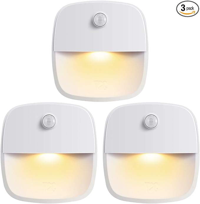 AMIR Upgraded Motion Sensor Light Indoor, Stair Lights Battery Operated, Cordless Stick-On LED Night Light for Closet, Hallway, Bathroom, Kitchen, Cabinet, Energy Efficient (Warm White - Pack of 3)