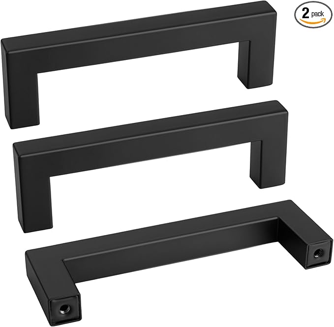 Goldenwarm 2Pack Black Square Bar Cabinet Pull Drawer Handle Stainless Steel Modern Hardware for Kitchen and Bathroom Cabinets Cupboards,Center to Center 3-3/4in (96mm) Kitchen Pulls for Cabinets