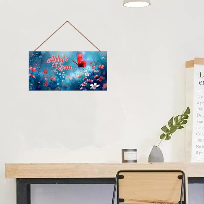 Personalized Sign Red Butterfly Sign Flower Art Décor For Kids Room Custom Name Door Wall Decor, Floral Nursery Art Plate For Girls Room Baby Boys Bedroom