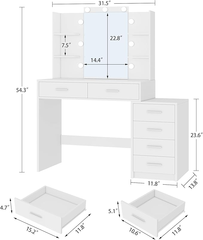 Quimoo 43.3" W Vanity Desk with Mirror and 9 LED Lights, Makeup Vanity with 6 Drawers, 6 Open Shelves, White Vanity for Women Girls, 43.3" W x 13.8" D x 54.3"