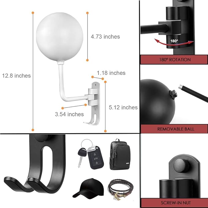 SNAGMO White 180° Motorcycle Helmet Rack, Rotation Metal Helmet Holder Wall Mount, Helmet Holder Bike with 2 Hooks Helmet Hanger for Motorcycle Bike Coats, Caps, Baseballs, Rugby Helmet (2 pcs)
