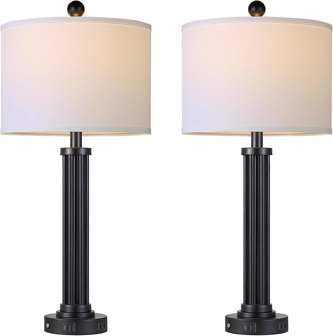 28" Tall Modern Table Lamps Set of 2 with USB C+A Ports and AC Outlet, 3 Way Touch Metal Bedside Lamps for Living Room, Black Nightstand Lamps for Bedroom