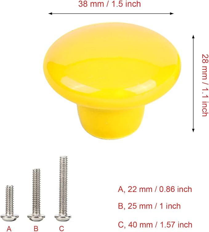HUAMULAN 15PCS Yellow Glossy Ceramic Knobs Button Round Mushroom Cabinet Dresser Vintage Pulls Door Handles Cupboard Wardrobe Drawer, Dia. 1.5 inch (38mm)