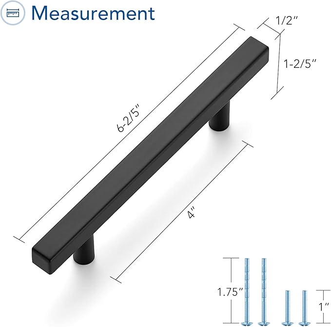 Ravinte Black Cabinet Handles 30 Pack - 4 Inch Matte Square Pulls, Kitchen Hardware 6-3/8 Inch Overall Length, Drawer Pulls